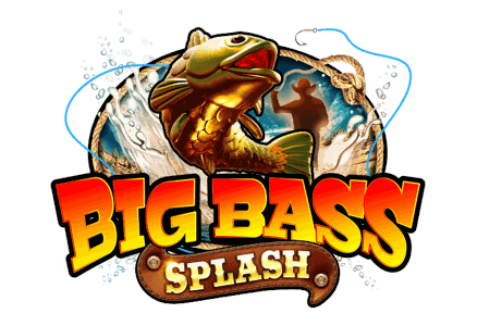 Fisherman mascot and giant bass fish artwork for Big Bass Splash above a turquoise water splash